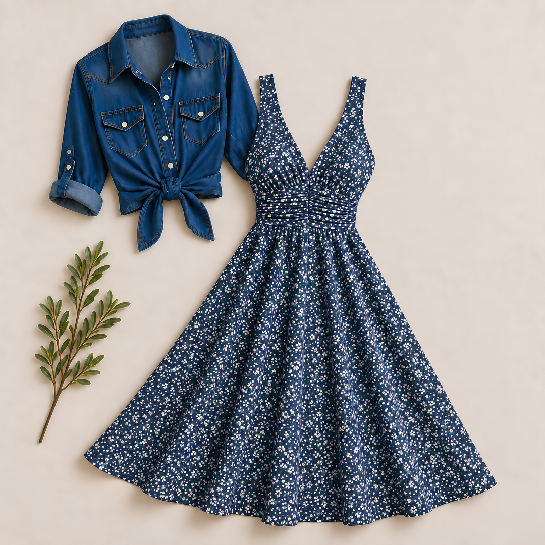Women’s Printed Dress with Denim Shirt Set