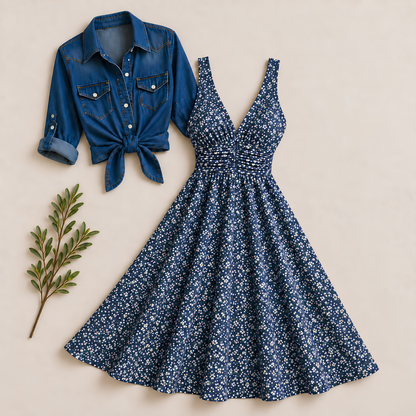 Women’s Printed Dress with Denim Shirt Set