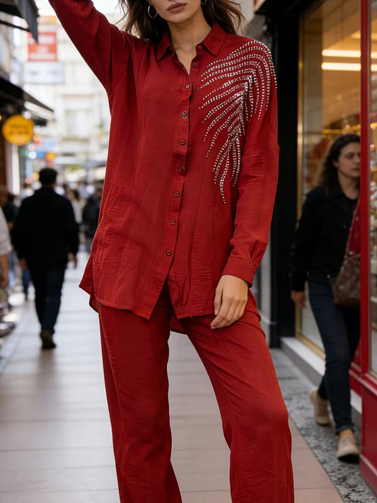 Women's Rhinestone Detail Shirt & Pants Set