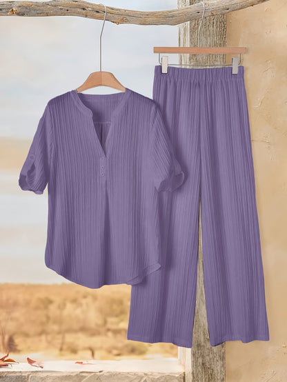 Women’s Solid Button-Down Shirt & Pant Set