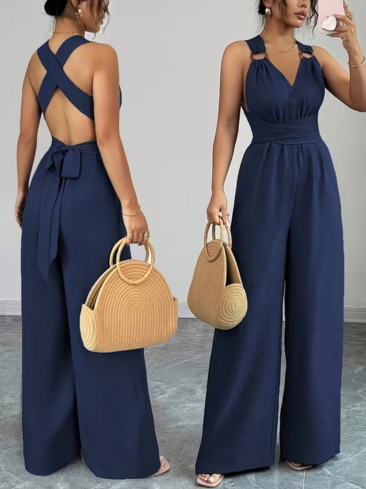 Elegant Cross-Back Wide Leg Jumpsuit for Women – Sleeveless Backless Casual Party Romper