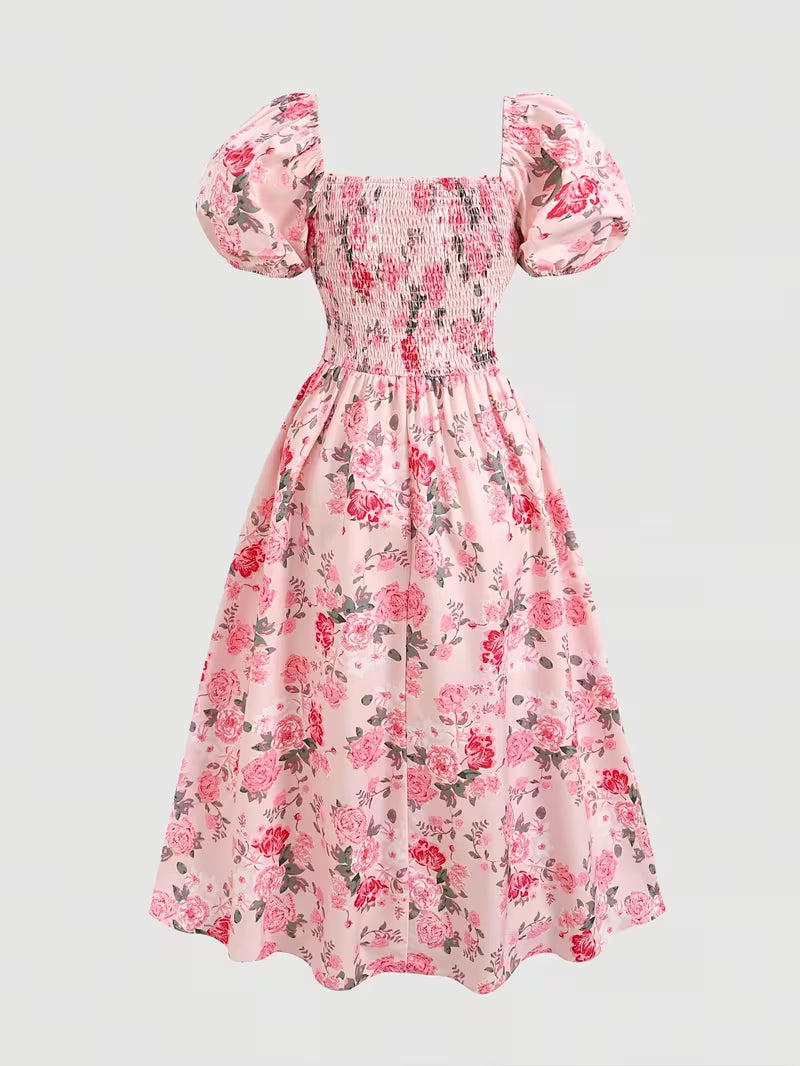 Women's Vintage Floral Puff Sleeve Midi Dress