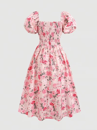 Women's Vintage Floral Puff Sleeve Midi Dress