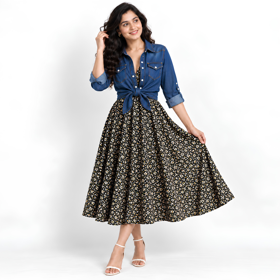 Women’s Printed Dress with Denim Shirt Set