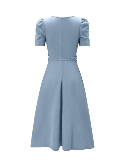 Women's Elegant V-Neck Ruffle Midi Dress with Waist Belt