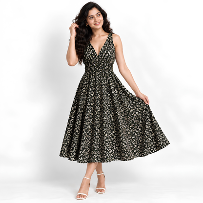 Women’s Printed Dress with Denim Shirt Set