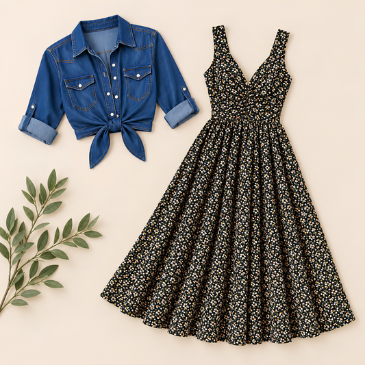 Women’s Printed Dress with Denim Shirt Set
