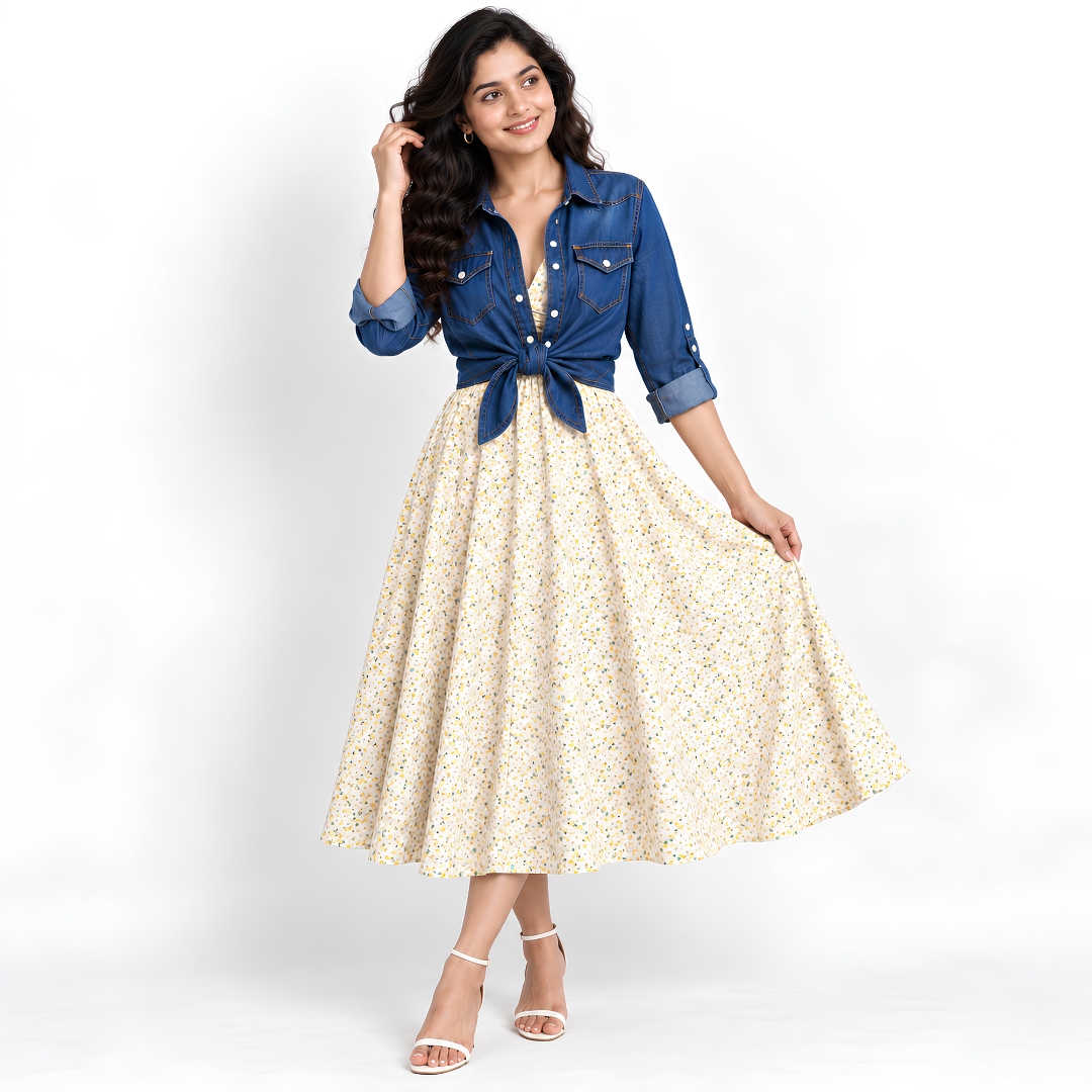 Women’s Printed Dress with Denim Shirt Set