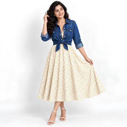 Women’s Printed Dress with Denim Shirt Set