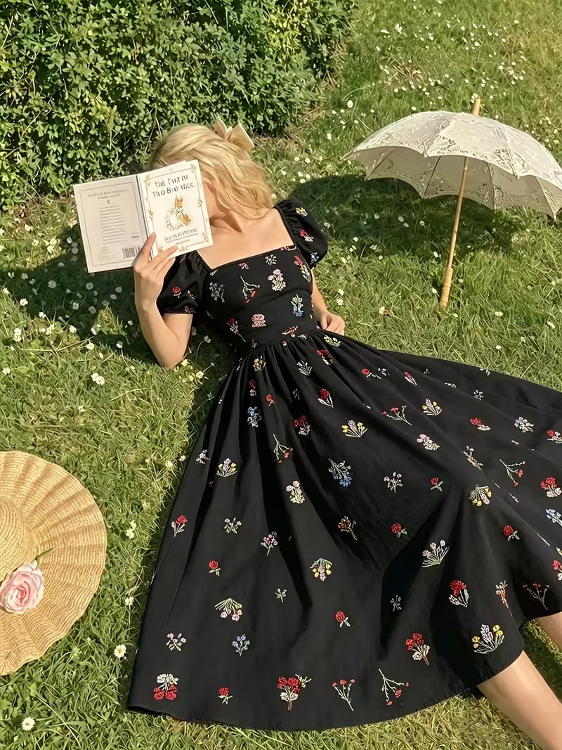 Women's Vintage Floral Puff Sleeve Midi Dress