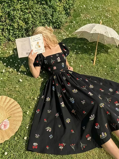 Women's Vintage Floral Puff Sleeve Midi Dress