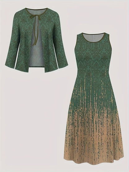 Elegant Layered Two-Piece Midi Dress Set with Tie-Front Cardigan – Flowy Printed Everyday & Occasion Wear