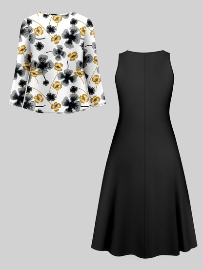 Elegant Solid Color Cardigan with Printed Flared Skirt – Stylish Two-Piece Women’s Fashion Set