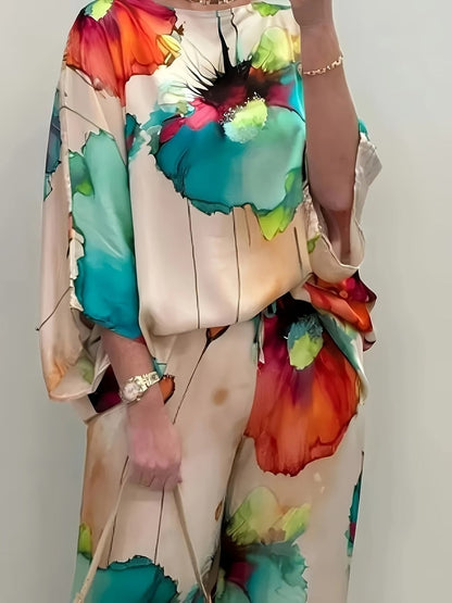 Plus Size Women’s Satin Floral Co-Ord Set – Round Neck Top with Elastic Waist Wide-Leg Pants | Elegant & Comfortable Two-Piece Outfit