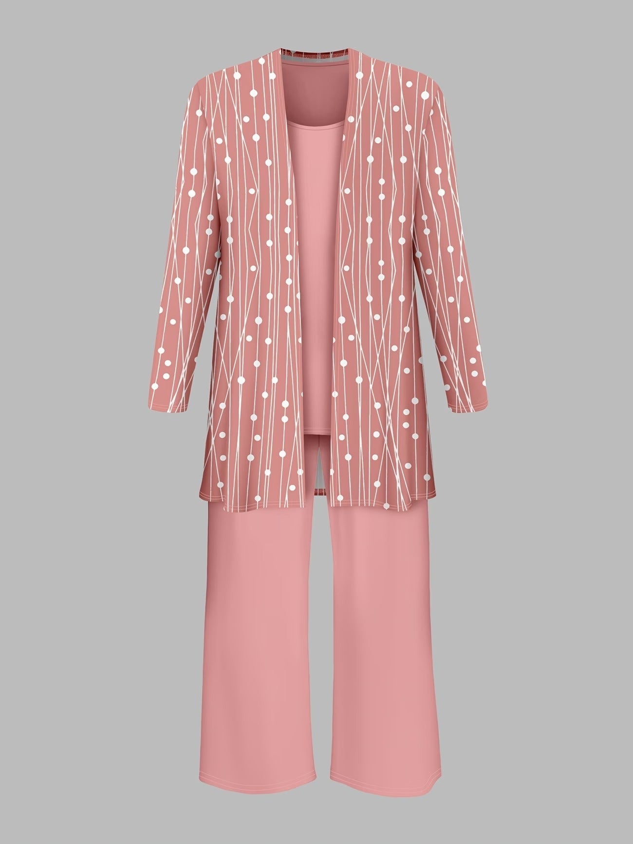 Elegant Polka Dot Cardigan Coat with Solid Suspender Top & Casual Trousers – Stylish 3-Piece Women’s Set