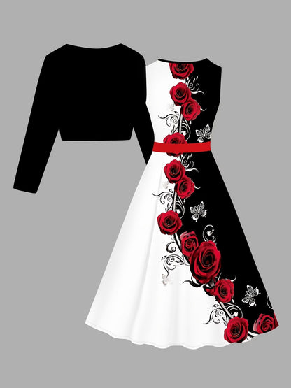 Women’s Black & White Rose Print Dress with Short Jacket & Belt – Elegant 2 Piece Set