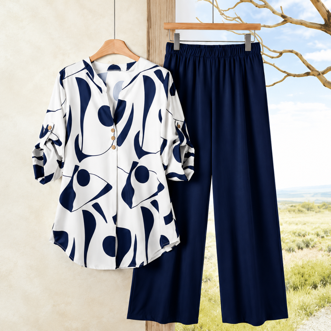 Elegant Abstract Print Shirt & Wide-Leg Pants Set