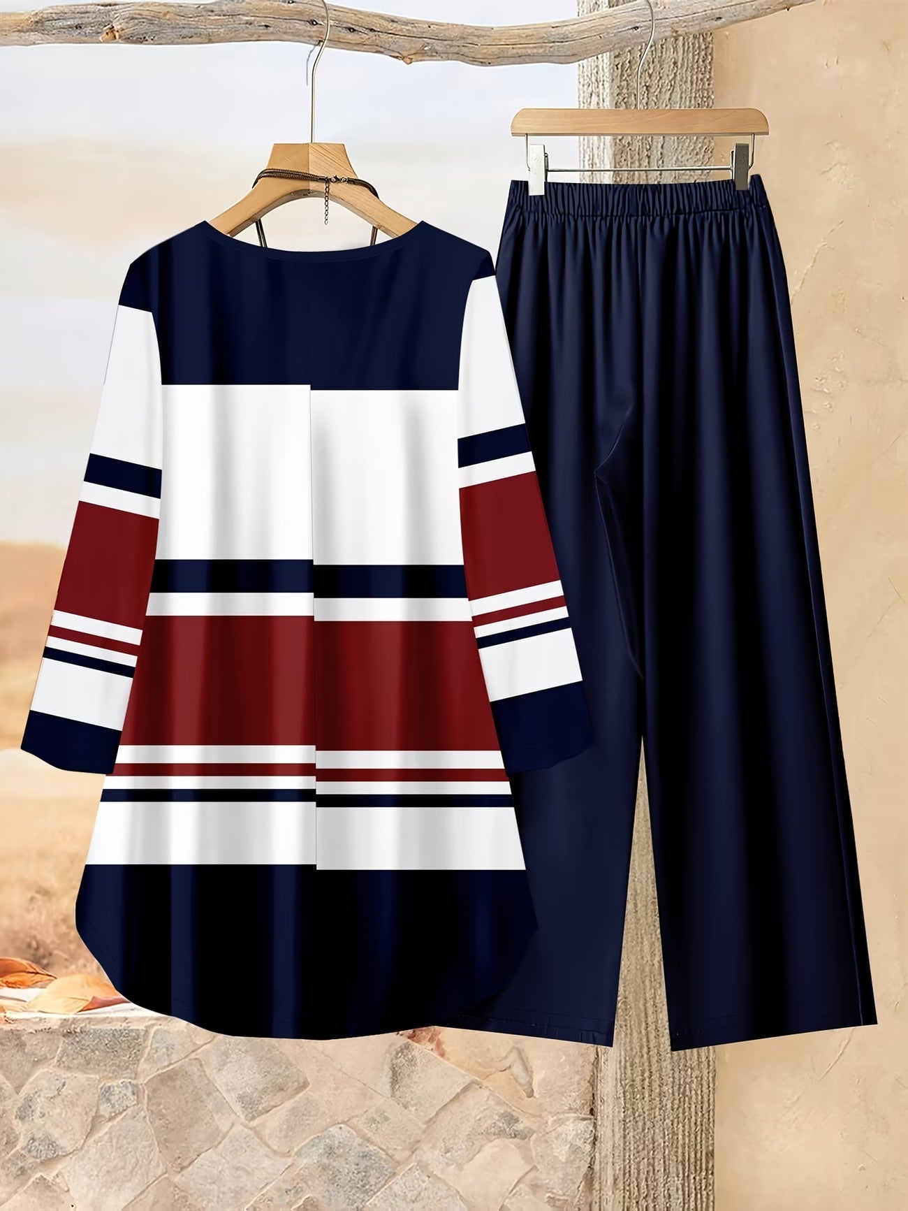 Loose Fit Irregular Print High-Low Hem Top with Solid Pants – Women’s Casual Two-Piece Outfit