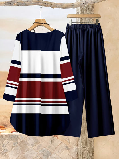 Loose Fit Irregular Print High-Low Hem Top with Solid Pants – Women’s Casual Two-Piece Outfit