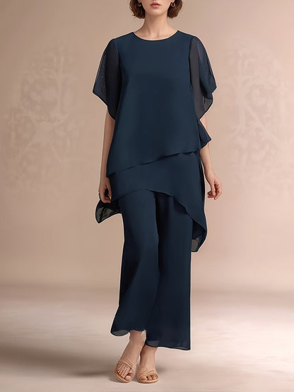 Women'S Chiffon Short Sleeve 2pcs Set Solid Color Irregular Elegant Party Fashion Suit