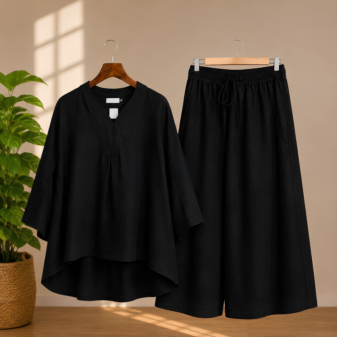 Elegant Black Kaftan Top & Wide-Leg Pants Set