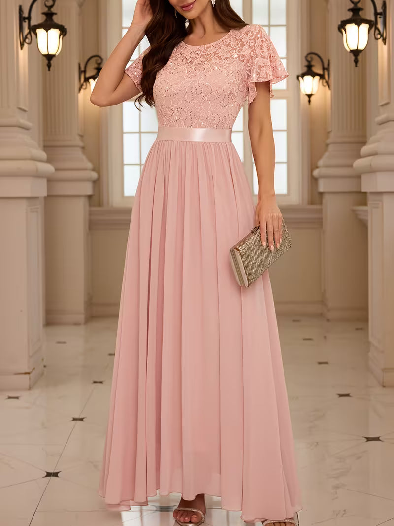 Women's Lace Round Neck Maxi Dress | Formal Party Wear