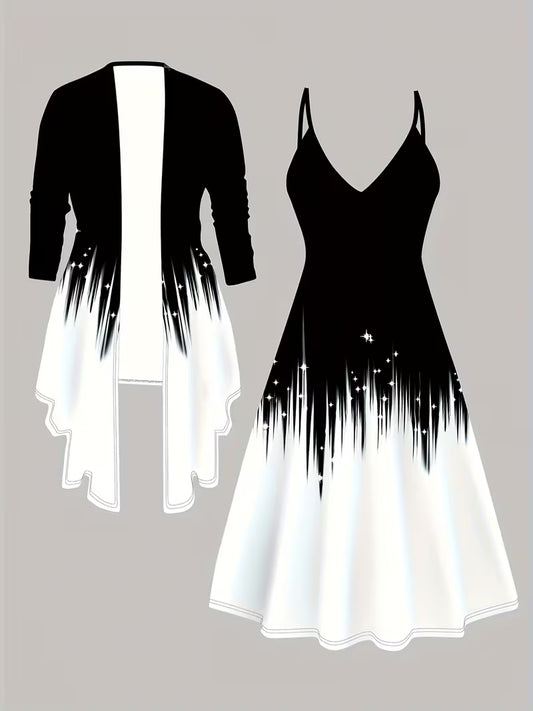 Women's 3D Geometric Print Coat & Dress Set | Elegant Black & White Gradient Outfit