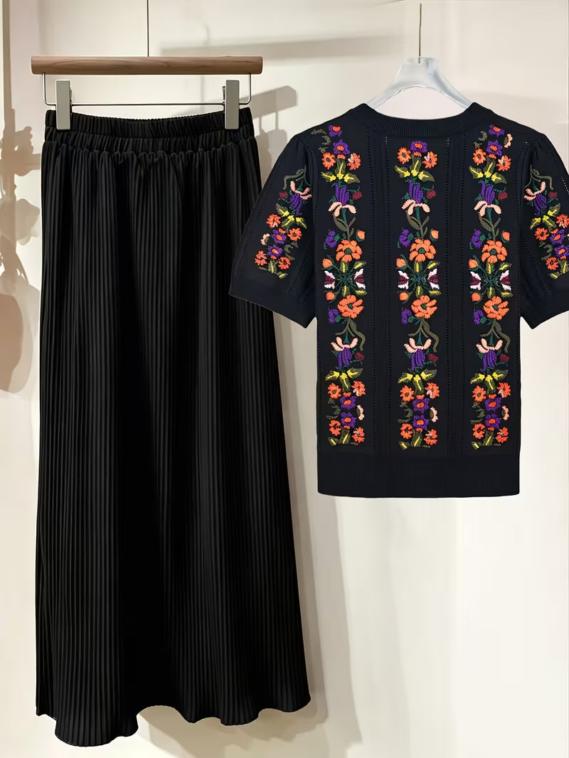 Rose Embroidery Top & Midi Skirt Set