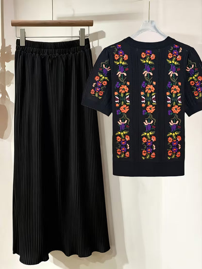 Rose Embroidery Top & Midi Skirt Set