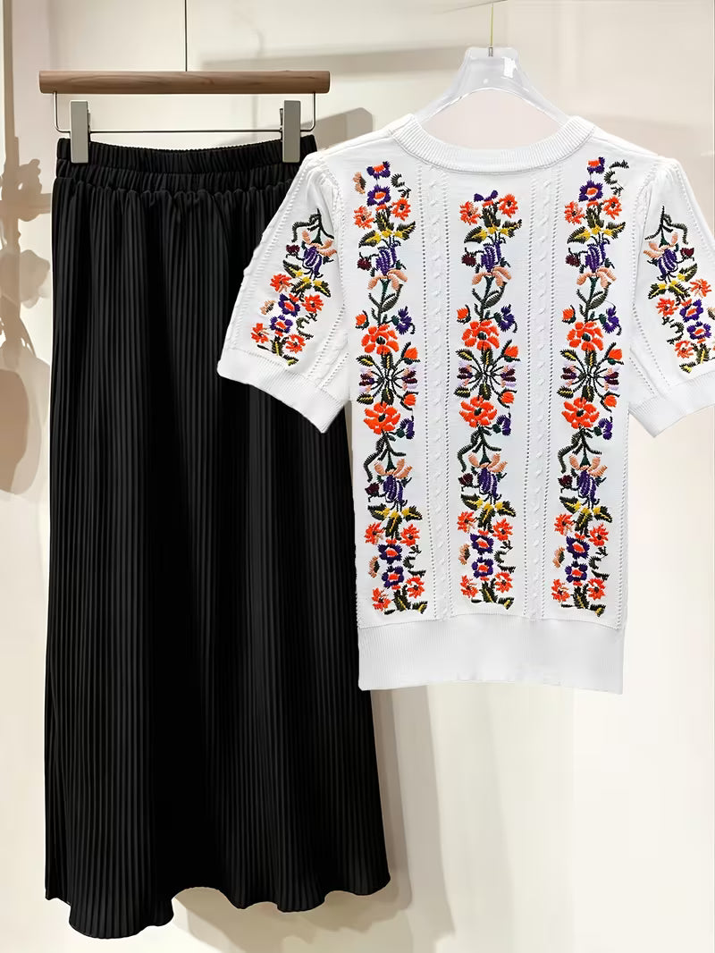 Rose Embroidery Top & Midi Skirt Set