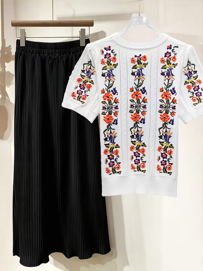 Rose Embroidery Top & Midi Skirt Set
