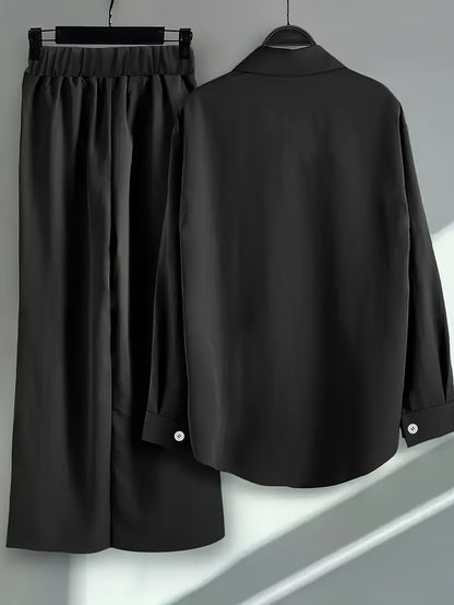 Women’s Solid Button-Down Shirt & Pant Set