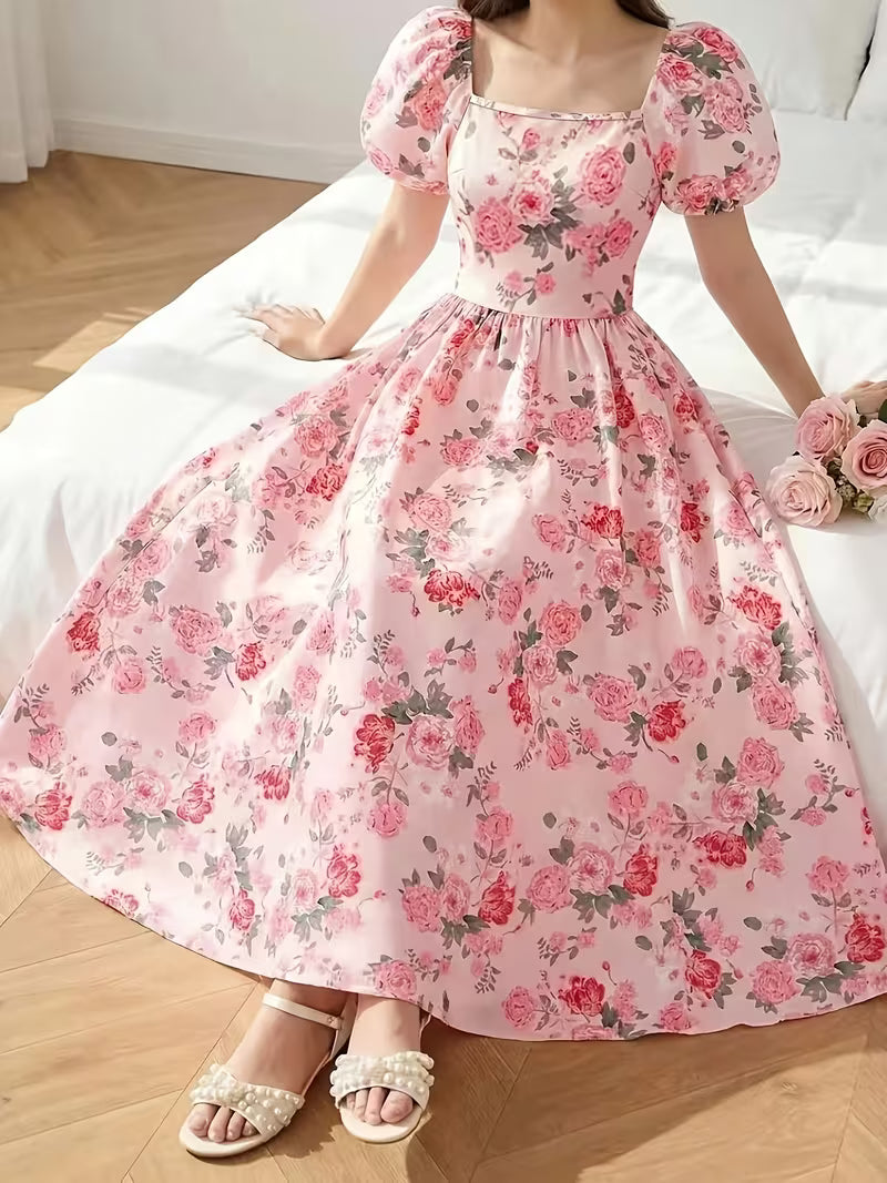 Women's Vintage Floral Puff Sleeve Midi Dress