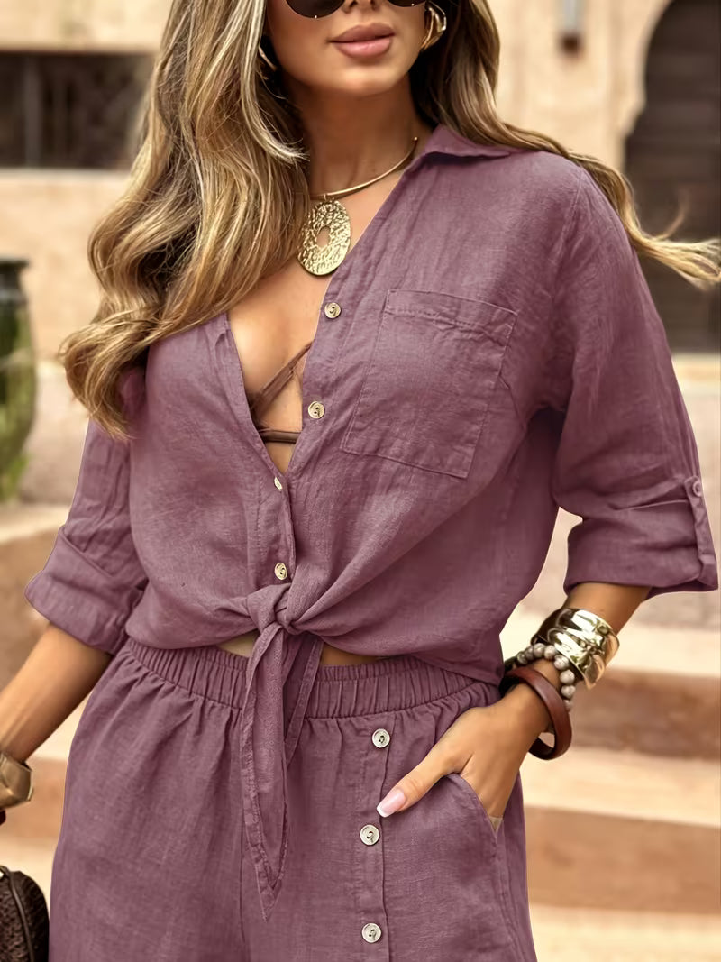 Women's Front-Tie 2-Piece Co-Ord Set | Elegant Shirt & Pants Outfit
