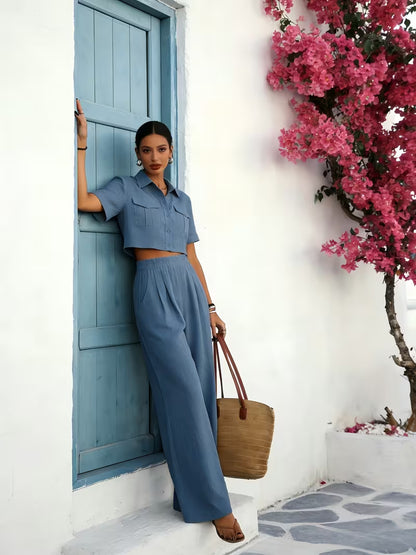 Women's Solid Lapel 2-Piece Co-Ord Set | Elegant Shirt & Wide-Leg Pants Outfit