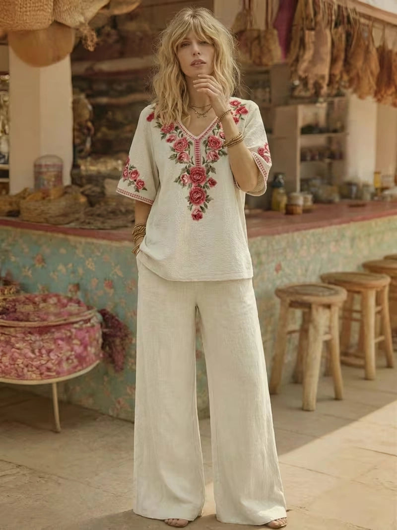 Women's Vintage Floral V-Neck Co-Ord Set with Relaxed Wide-Leg Pants