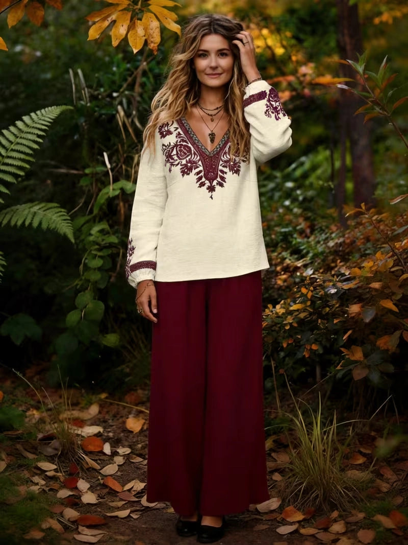 Women's Vintage Floral V-Neck Co-Ord Set with Relaxed Wide-Leg Pants