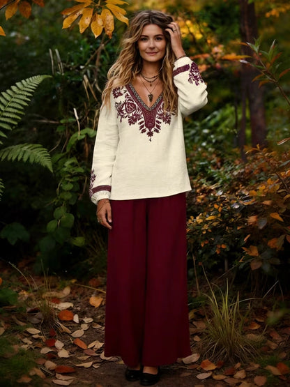 Women's Vintage Floral V-Neck Co-Ord Set with Relaxed Wide-Leg Pants