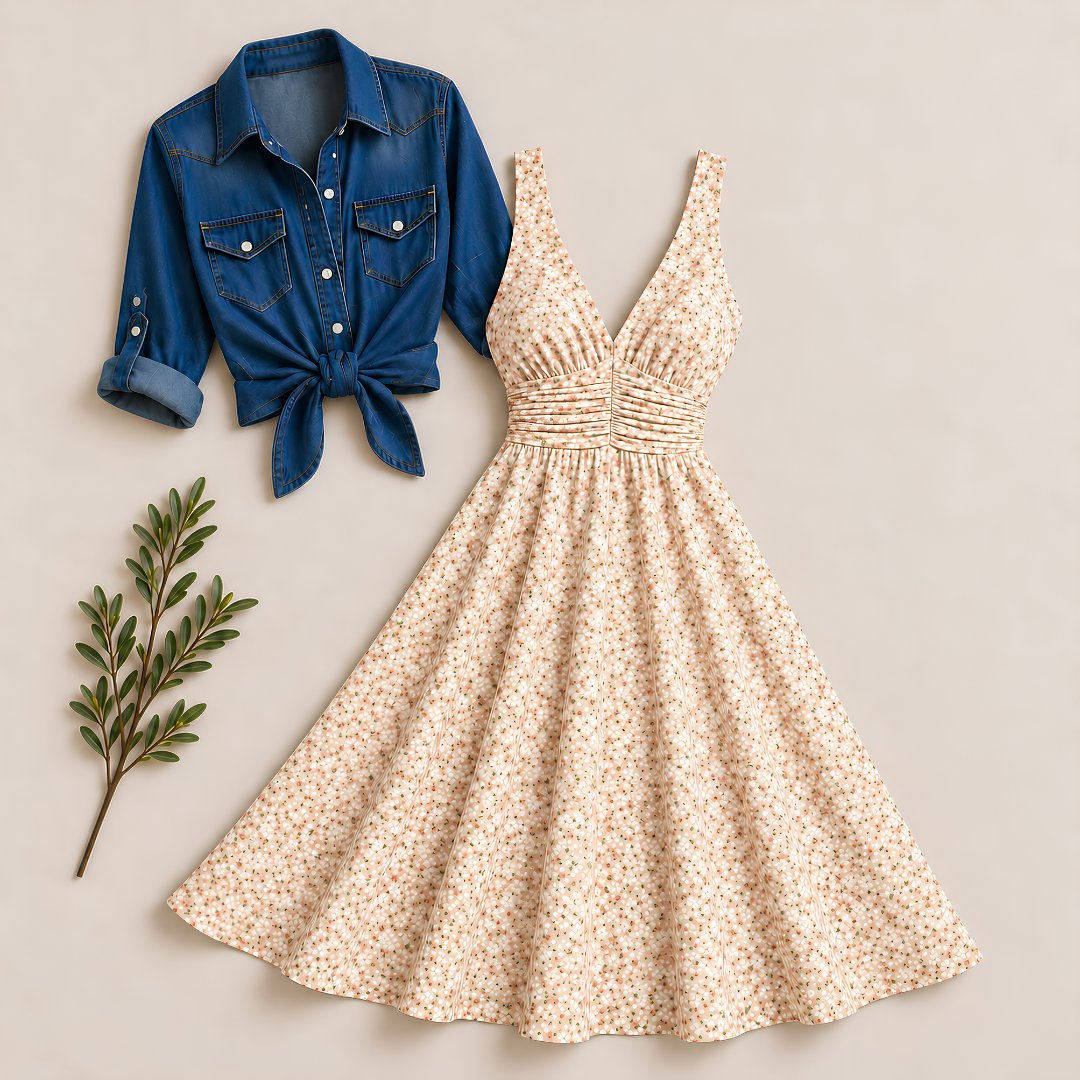 Women’s Printed Dress with Denim Shirt Set