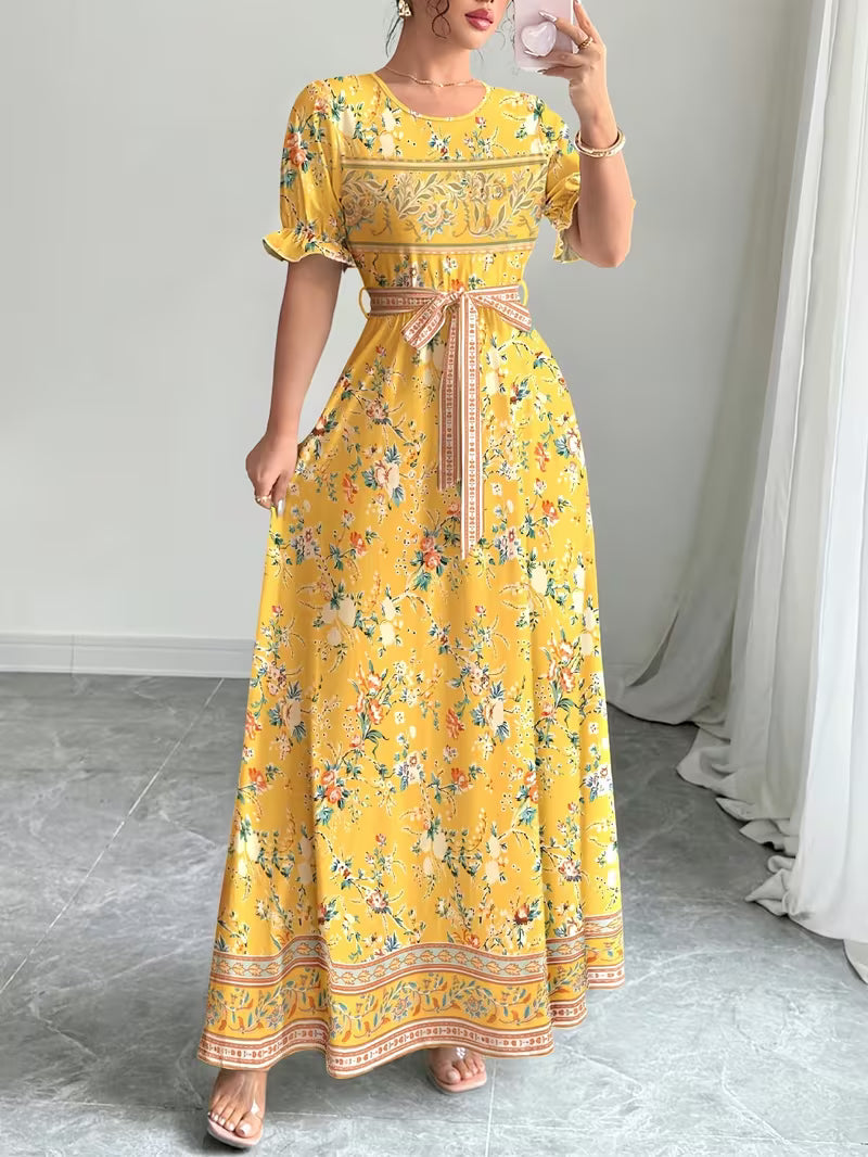 Women's Printed Belted Maxi Dress | Elegant Puff Sleeve Summer Dress