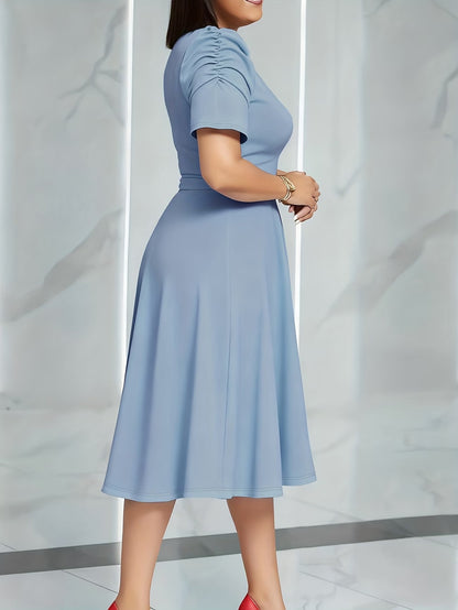 Women's Elegant V-Neck Ruffle Midi Dress with Waist Belt