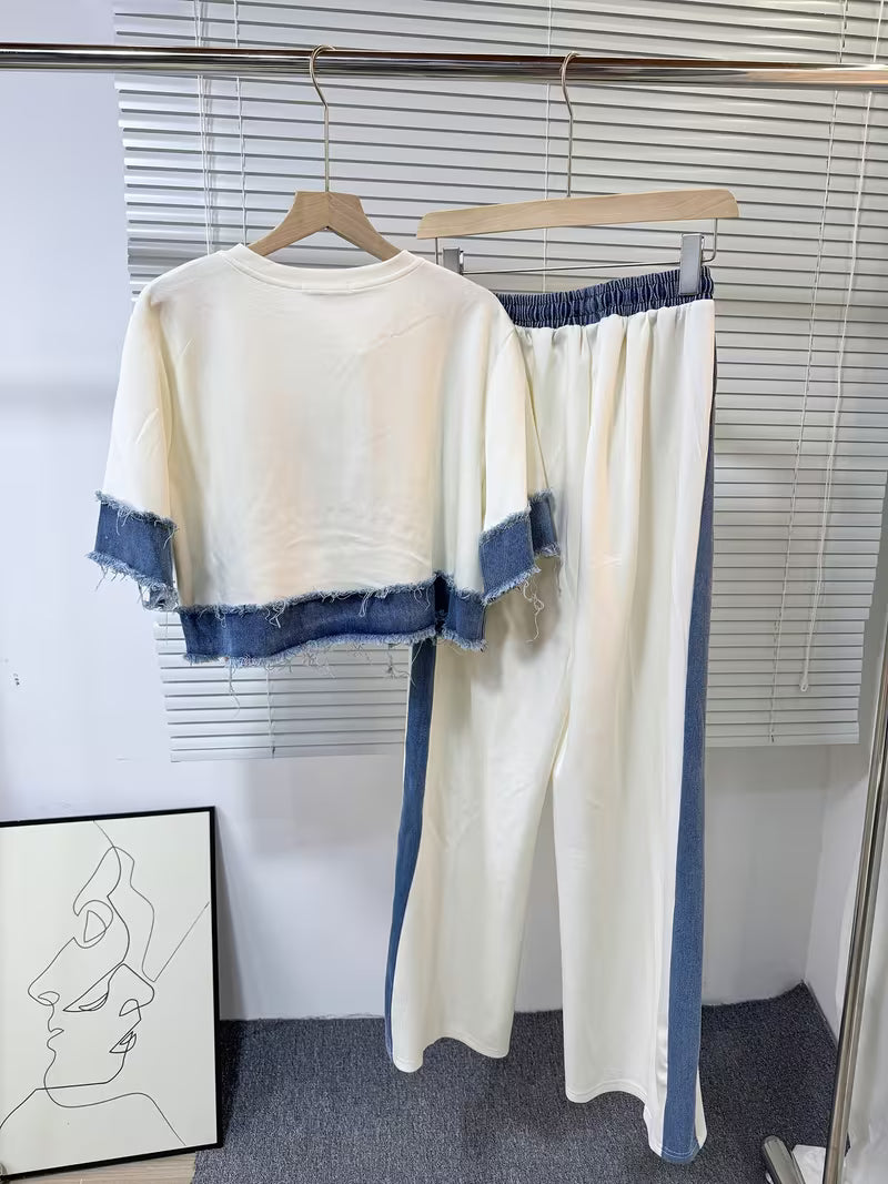 Women's Denim Patchwork 2-Piece Co-Ord Set | Premium Top & Straight-Leg Pants