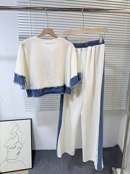 Women's Denim Patchwork 2-Piece Co-Ord Set | Premium Top & Straight-Leg Pants