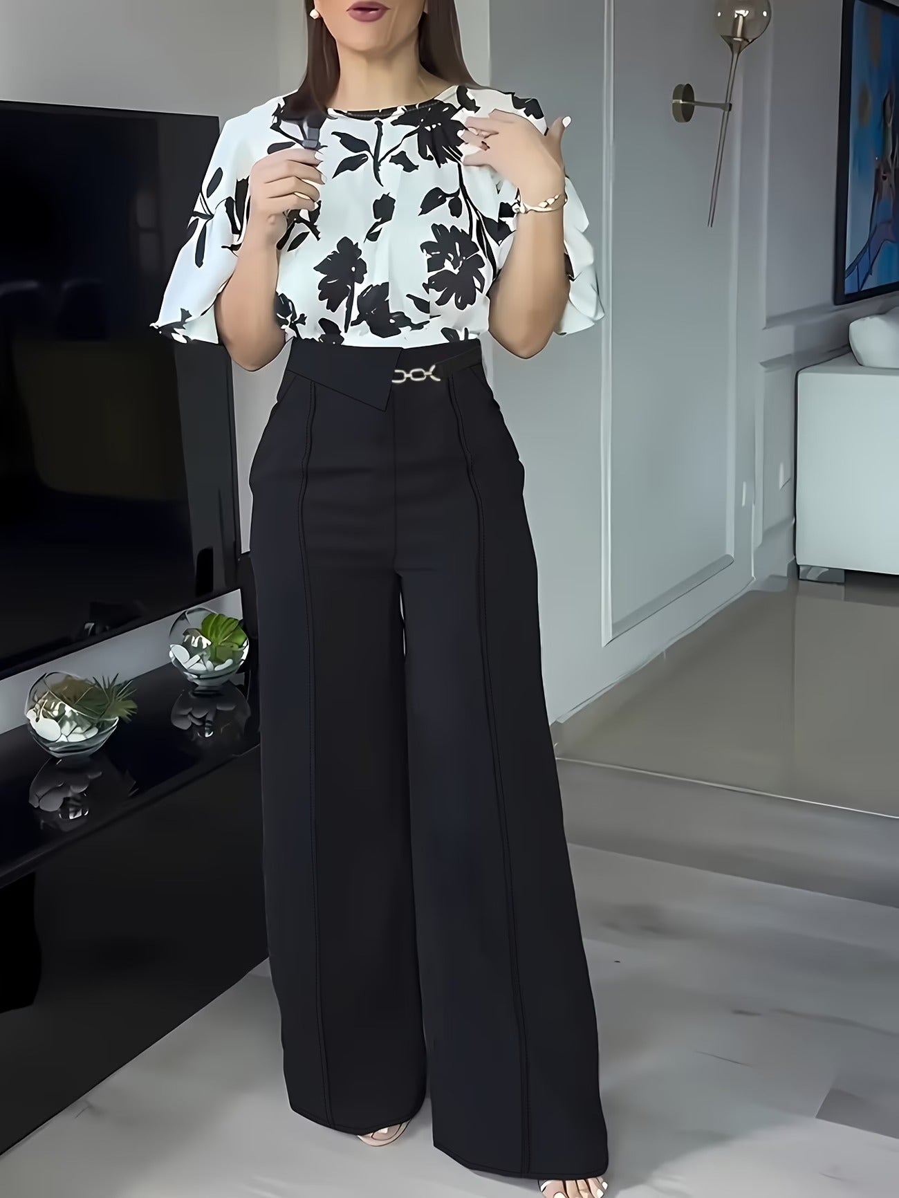 Women’s Printed Casual Shirt Two-Piece Commuter Set