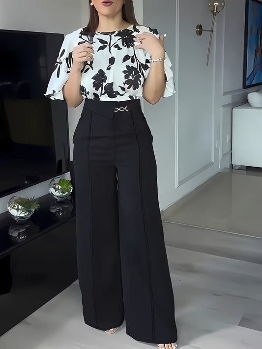 Women’s Printed Casual Shirt Two-Piece Commuter Set