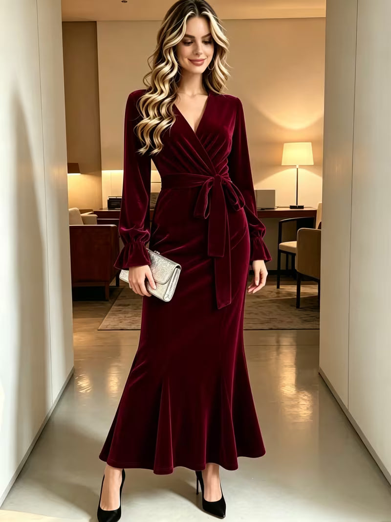 Women's Velvet Mermaid Maxi Dress | Elegant V-Neck Evening Gown