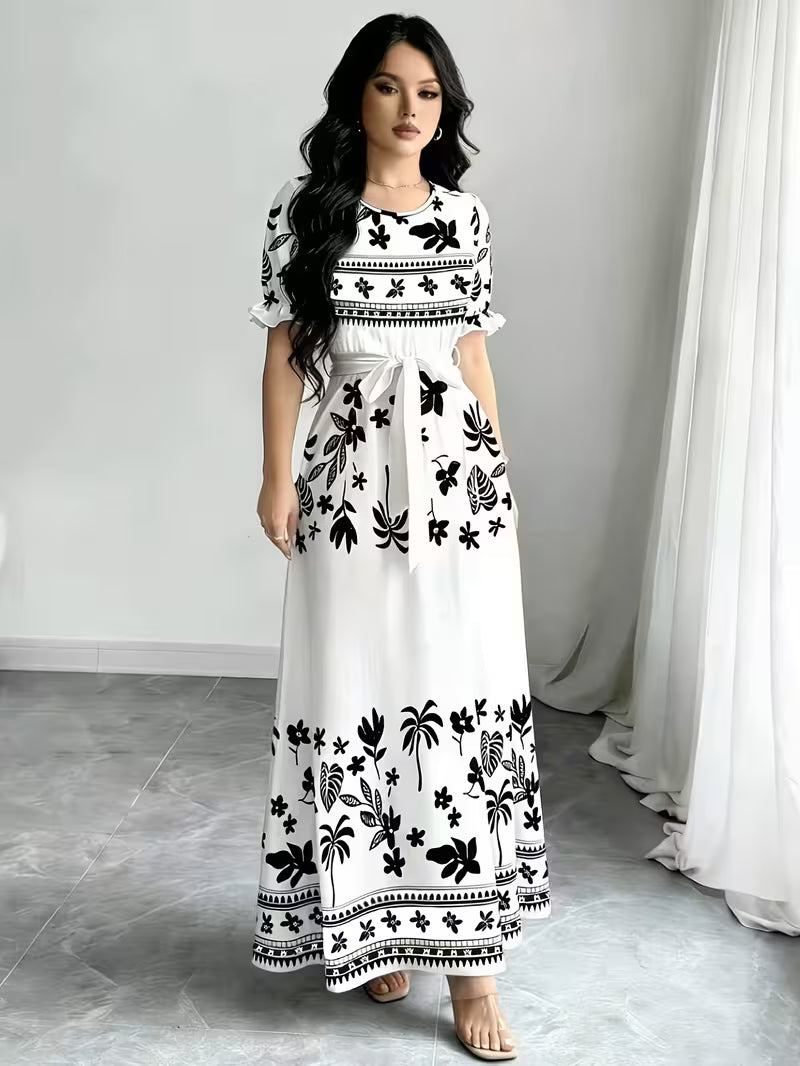 Women's Printed Belted Maxi Dress | Elegant Puff Sleeve Summer Dress