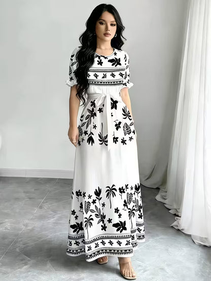 Women's Printed Belted Maxi Dress | Elegant Puff Sleeve Summer Dress