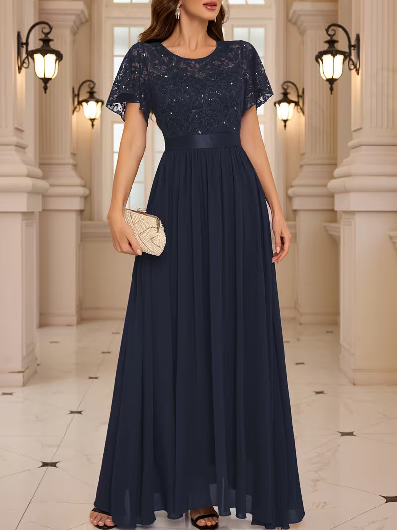 Women's Lace Round Neck Maxi Dress | Formal Party Wear
