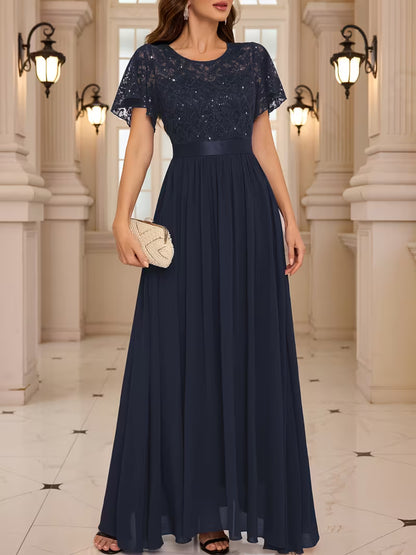 Women's Lace Round Neck Maxi Dress | Formal Party Wear